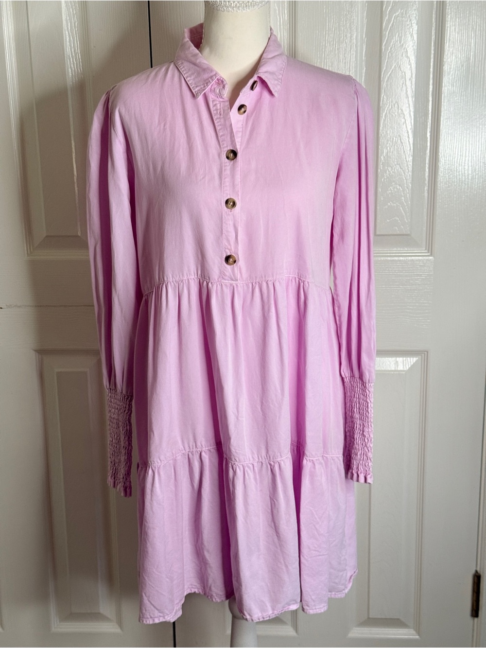 Veveret Lilac Pink Tiered Babydoll Shirt Dress Smocked Boho EUC Small